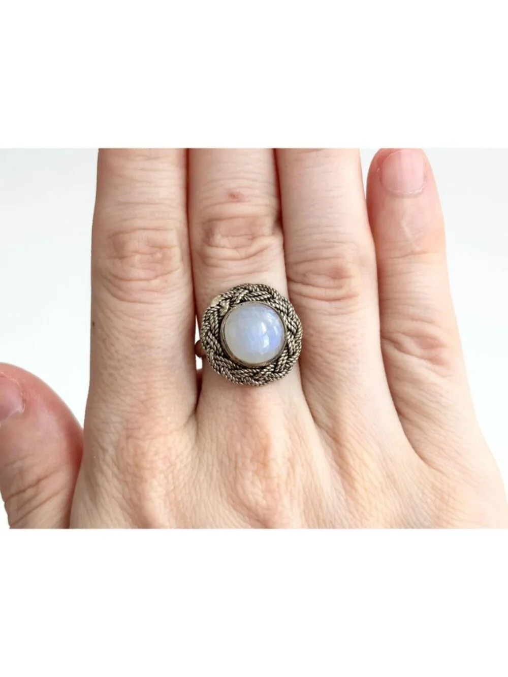 Round Moonstone Southwest Style Braided Sterling Silver 925 Vintage Ring - sz 7